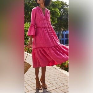 Faherty Dream Cotton Gauze Pink Tiered Women's Dress XS